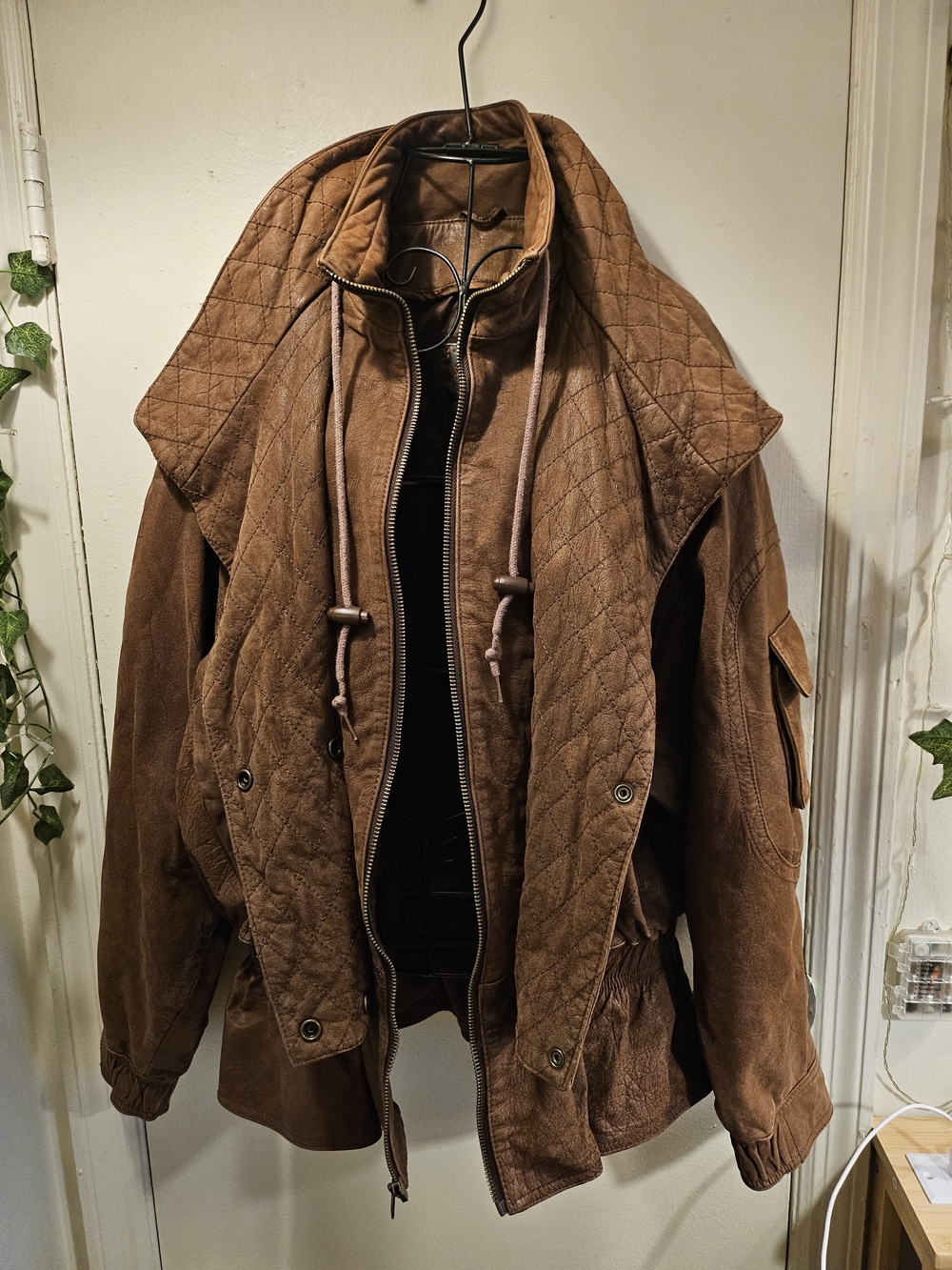 Quilted Brown Leather Peplum Jacket with Stand Collar
